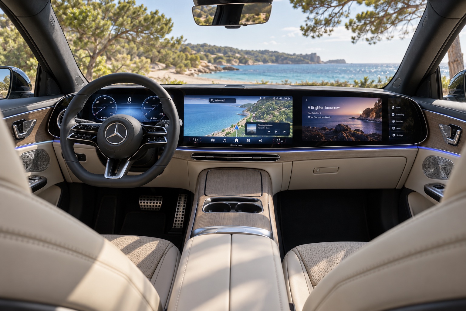 Elektrisk Mercedes-Benz C-Klasse med tændt digitalt instrumentbord set fra højre bagsæde