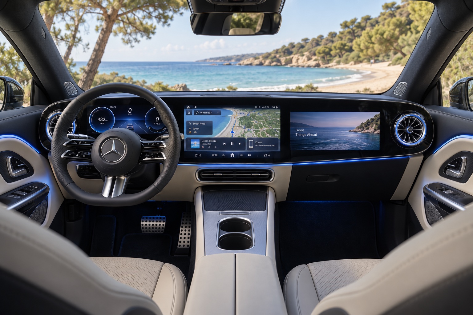 Mercedes-Benz CLA med digitalt instrumentbord og tændte skærme set fra højre bagsæde