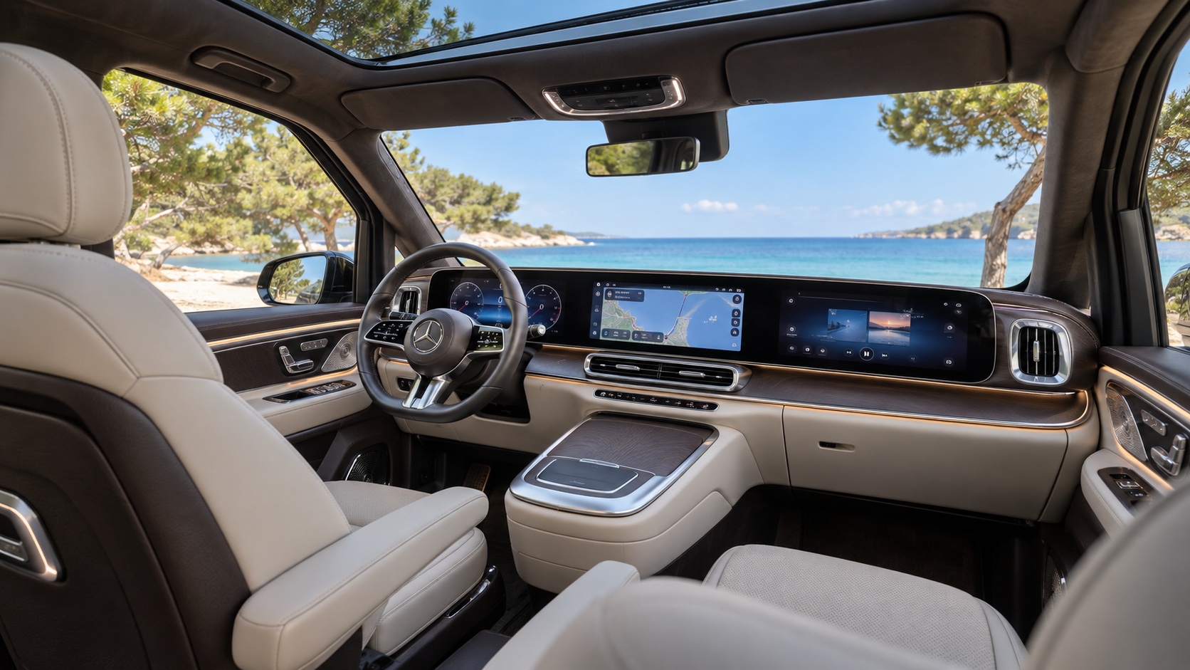 Interiøret i Mercedes-Benz VLE med MBUX Superscreen tændt