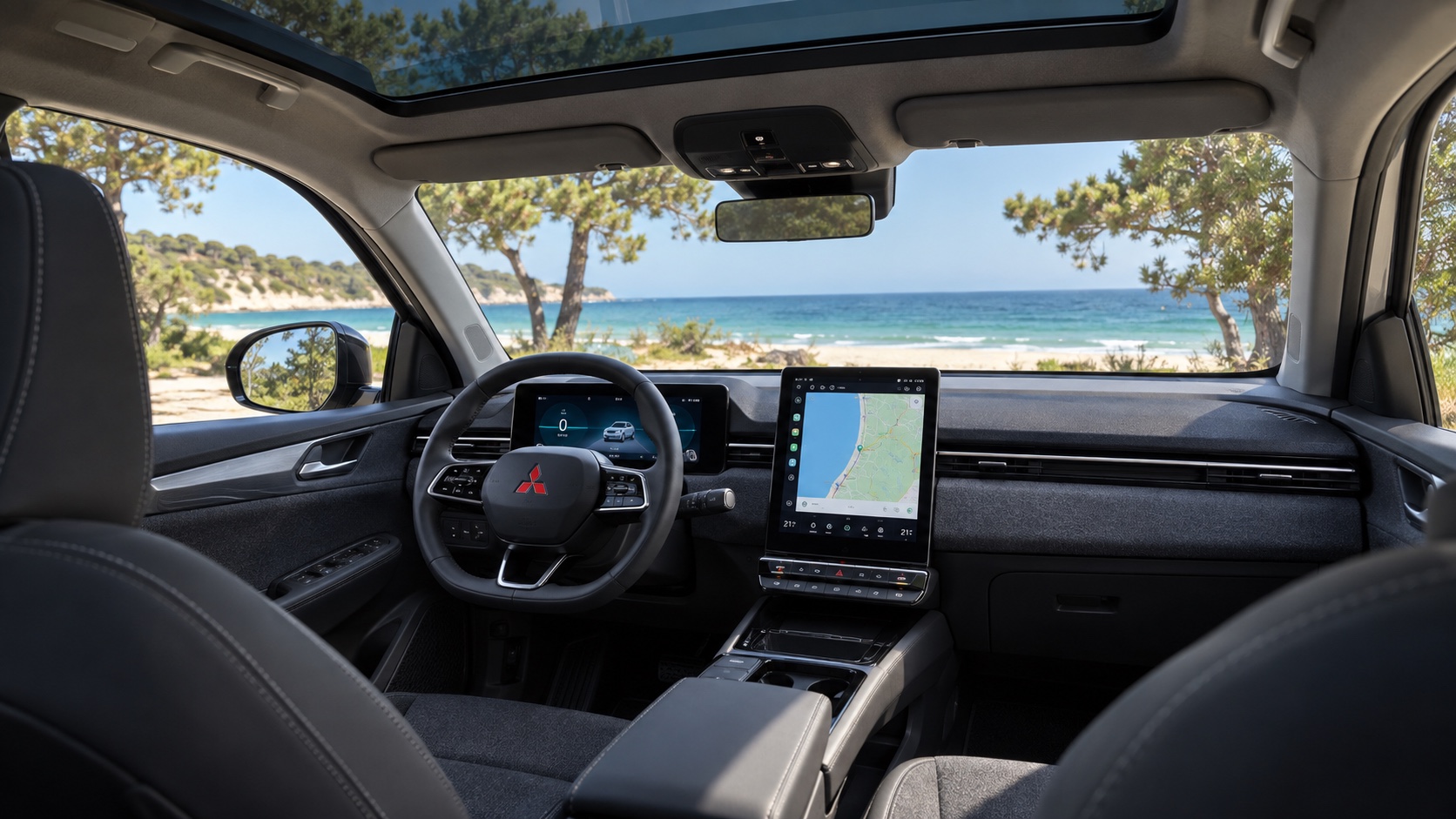 Interiøret i Mitsubishi Eclipse Cross Electric med tændte skærme