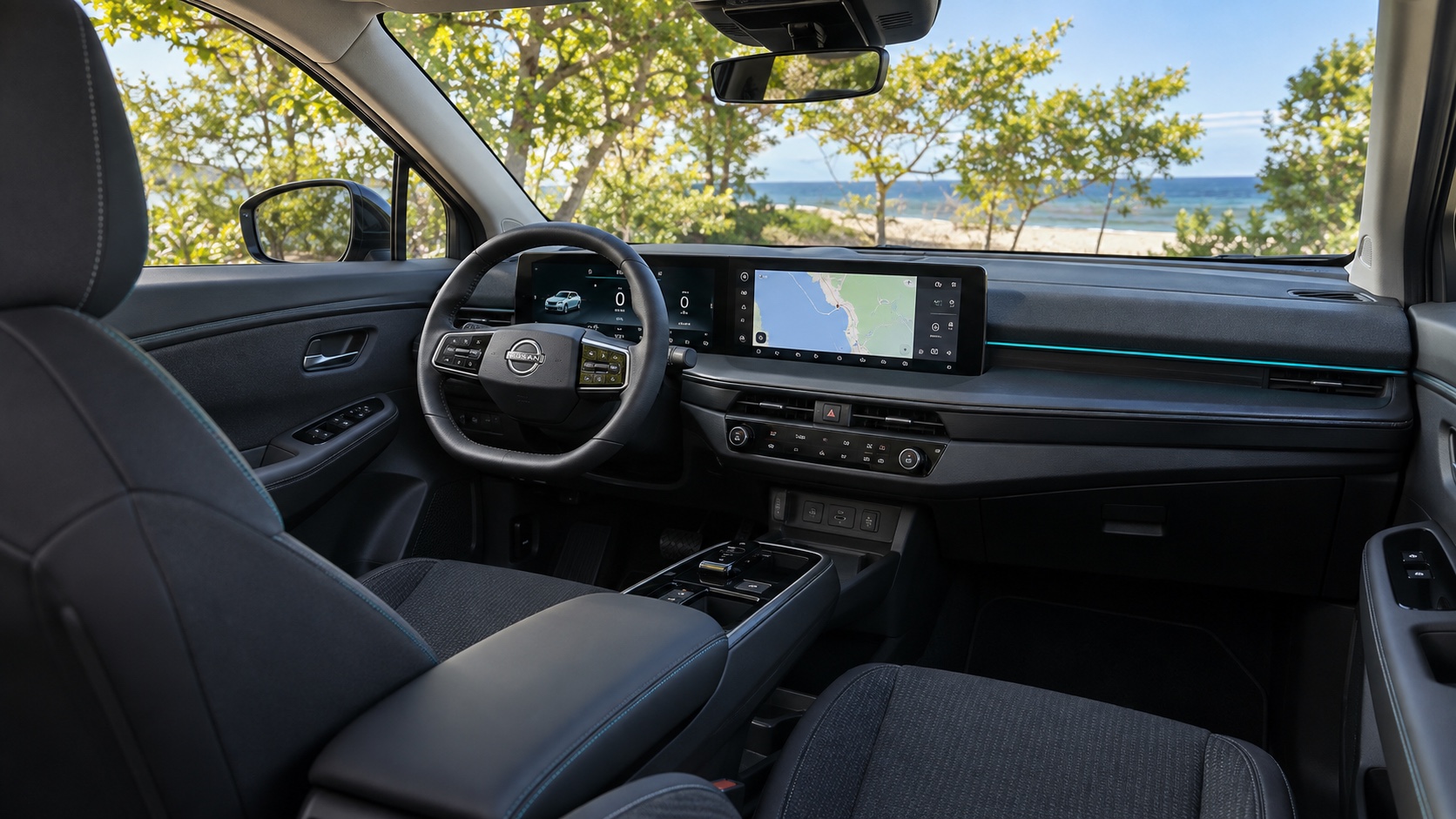 Interiøret i tredje generation Nissan LEAF med tændte skærme