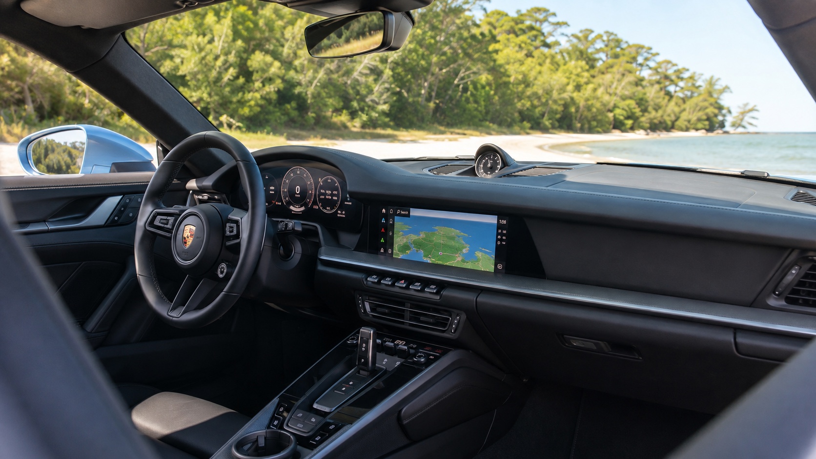 Porsche 911 Carrera-interiør set skråt fra højre bagsæde med instrumenter og navigation tændt