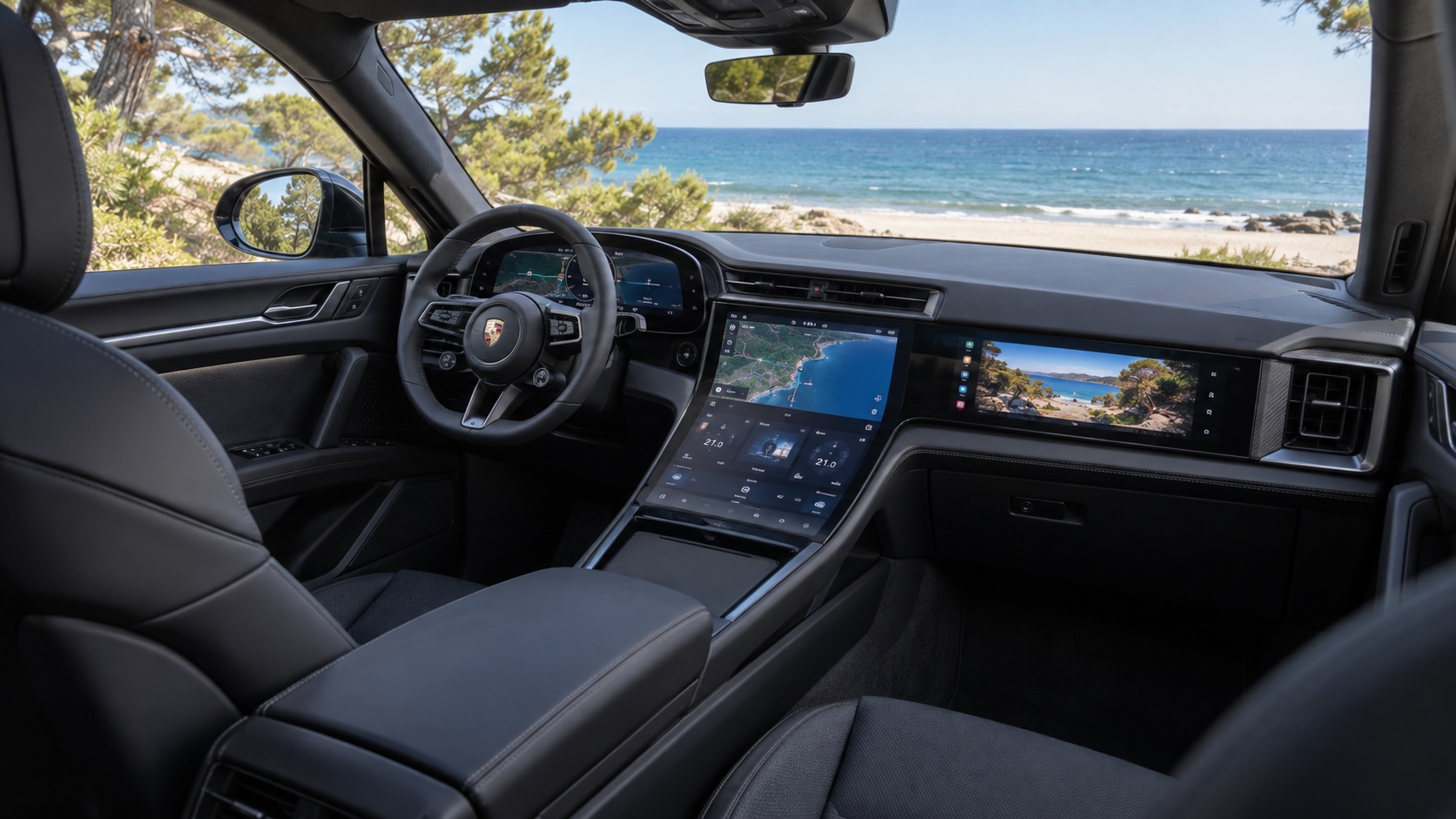 Interiøret i Porsche Cayenne Electric med tændte digitale skærme