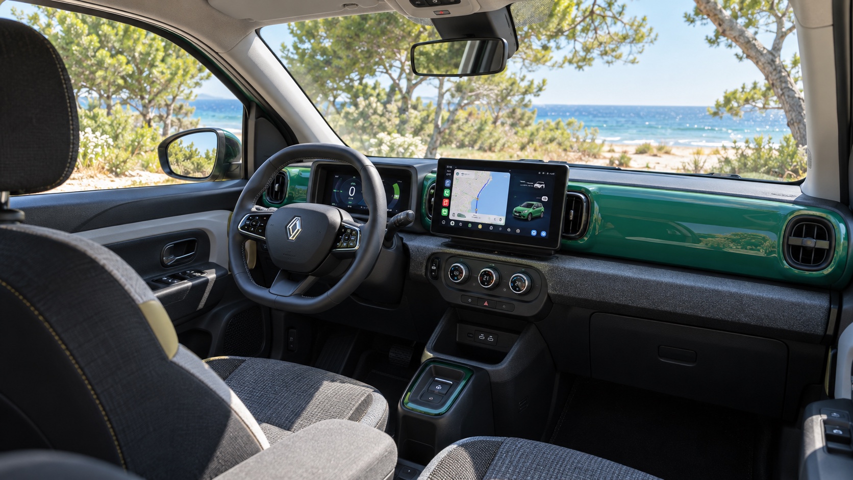 Interiøret i Renault Twingo E-Tech electric med begge skærme tændt