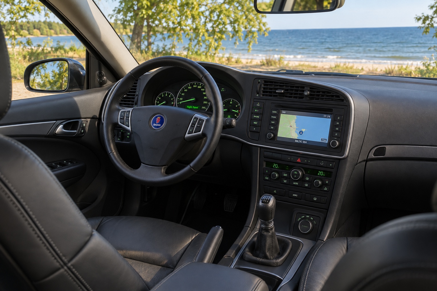 Interiøret i Saab 9-3 Aero Sedan med instrumenter og navigation tændt