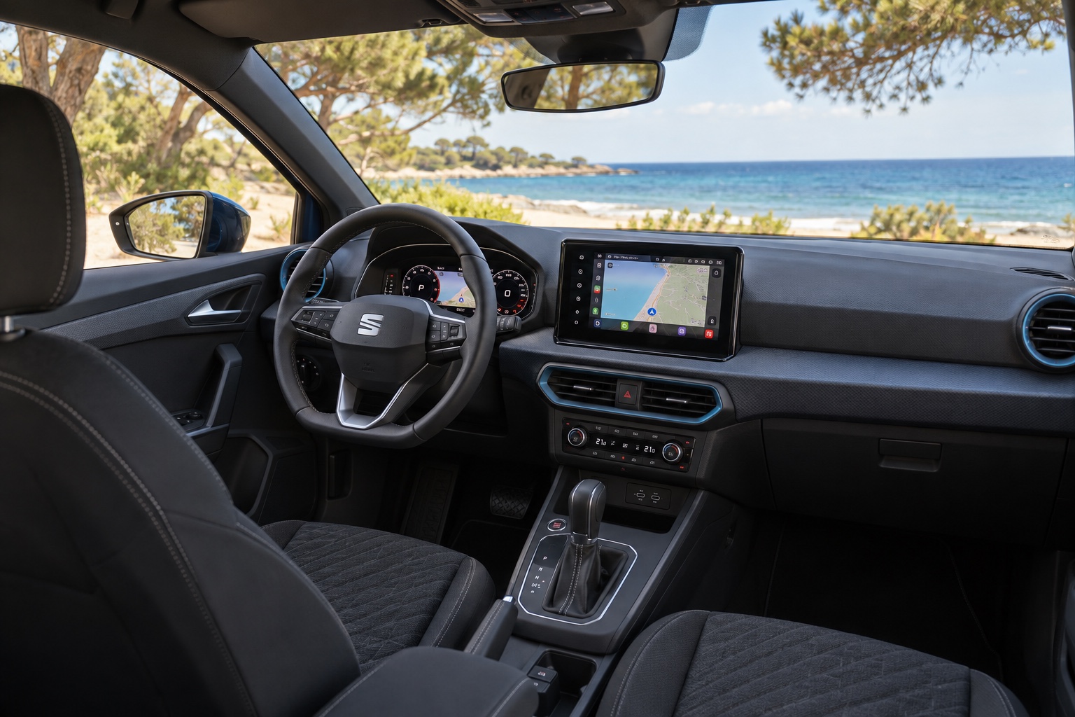Interiøret i SEAT Ibiza 2026 med instrumenter og infotainment tændt