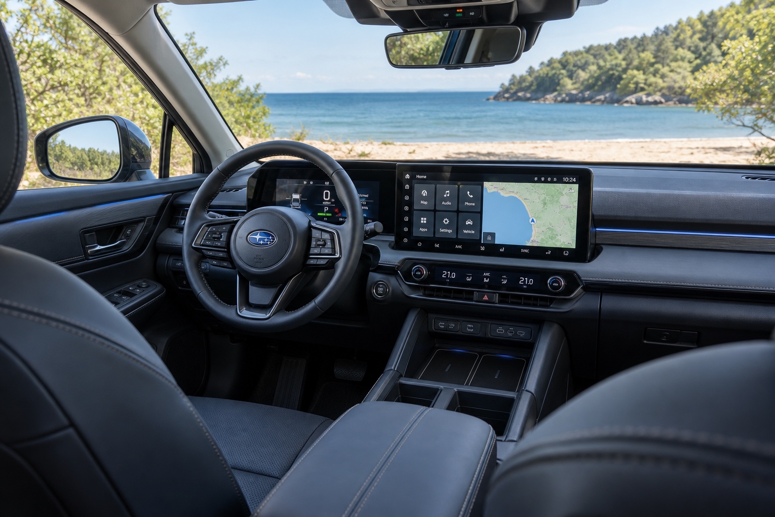 Interiøret i Subaru E-Outback 2026 med rat, digital instrumentering og tændt 14-tommers multimedieskærm