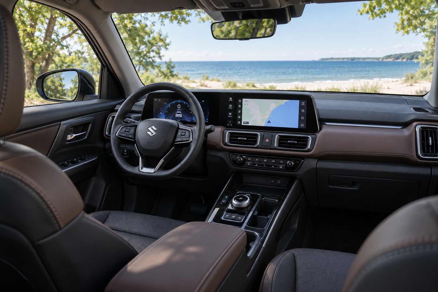 Interiøret i Suzuki e VITARA med rat, digital instrumentering og tændt infotainmentskærm