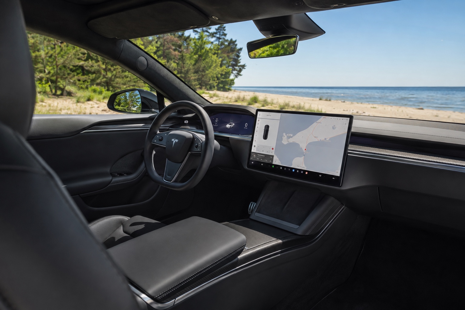 Tesla Model S-kabine set fra højre bagsæde med førersæde og tændte skærme
