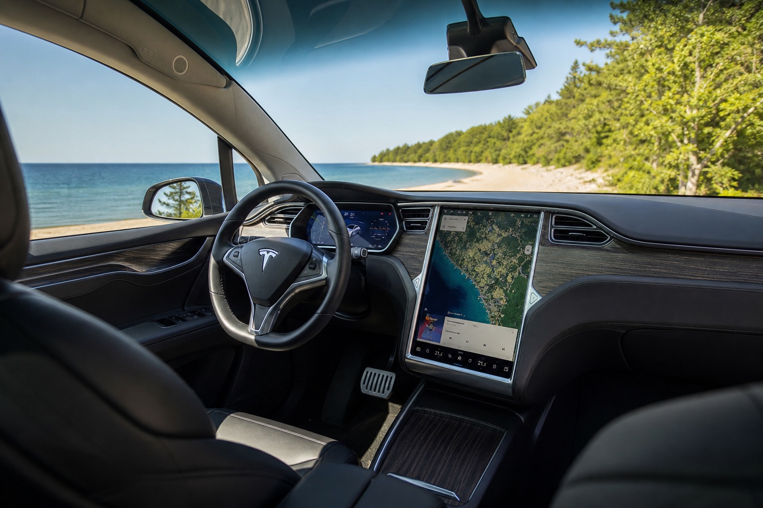 Tesla Model X-kabine set skråt fra højre bagsæde med tændte skærme