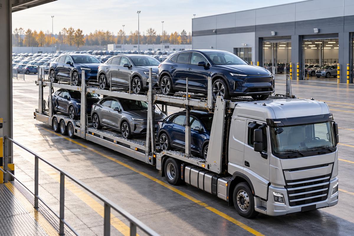 Biltransporter med personbiler ved et logistikområde